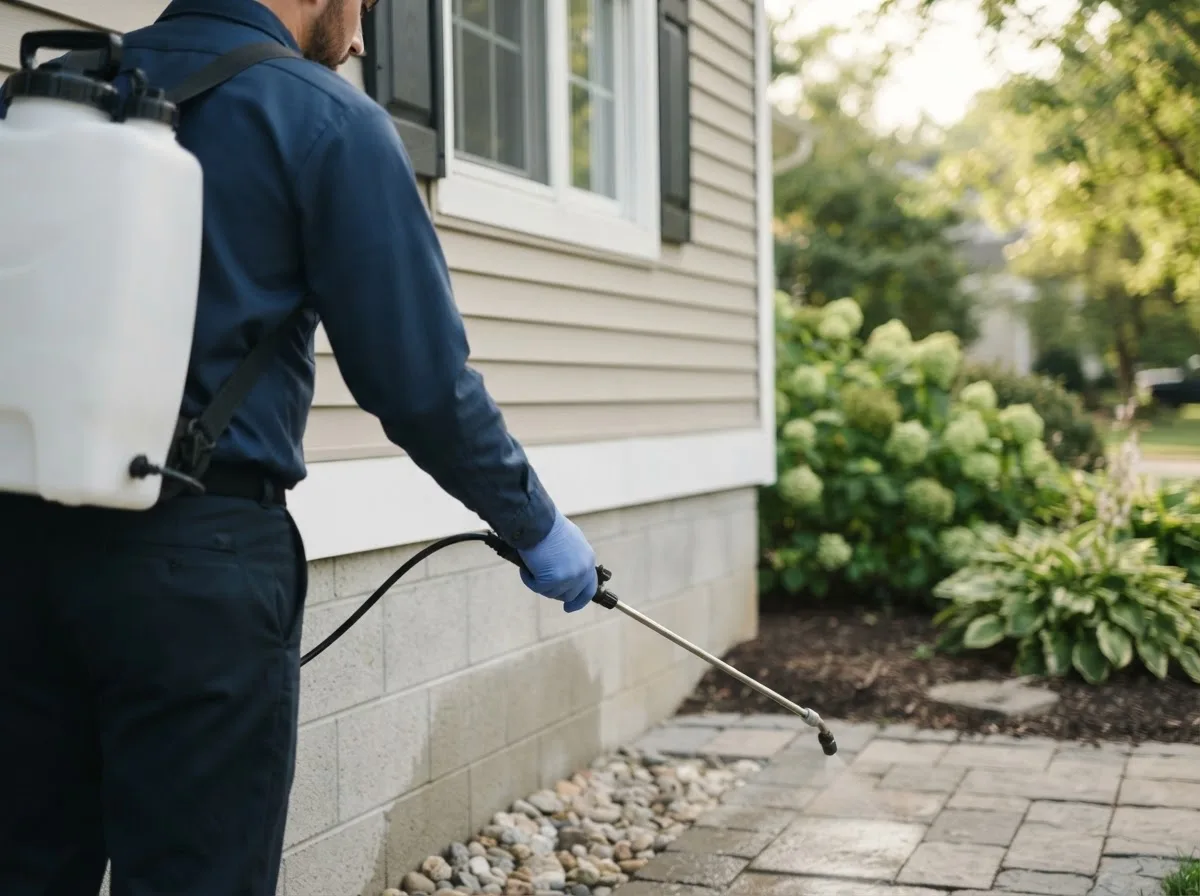 Pest control technician inspecting a home in Corunna, MI